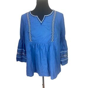 Crown & Ivy Blue White Embroidered Bell Sleeves‎ Size Large Women's Blouse